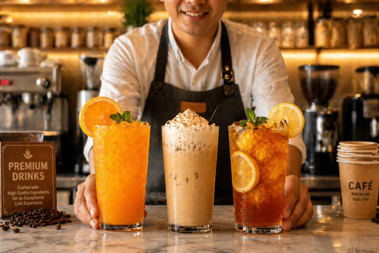 Tiga minuman premium — Vanilla Latte, Orange Drink, dan Lemon Tea